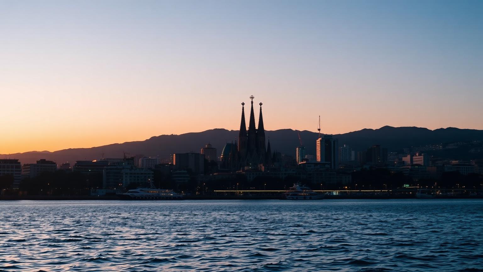 Barcelona skyline at sunrise seen from the sea