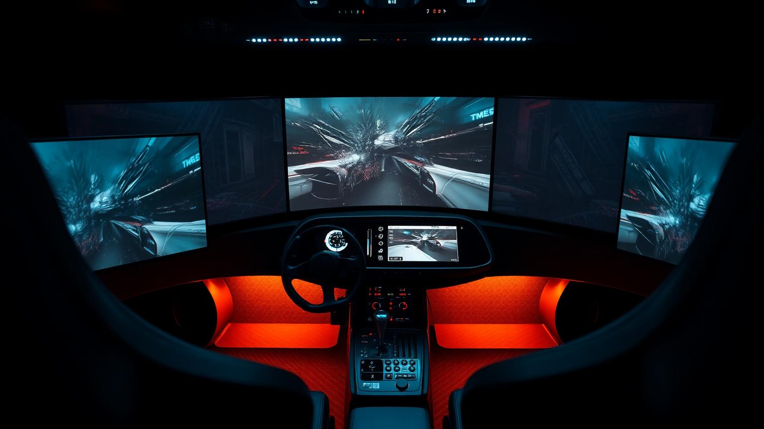 Motion racing simulator cockpit lit by screens